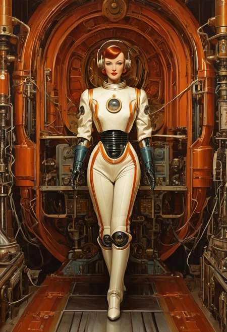 High-angle shot full length oil painting, etching, robot girl retro science fiction pinup girl, wearing a spacesuit , narrow waist, narrow hips, surreal perspective, unusual architecture, robot skin, vintage rocket background, short curly tousled hair, lipstick, eye liner, great legs, hyperdetailed, fine line details, antique art fantasy, viewed from above, hands up together for shrine praying, praying, pray,