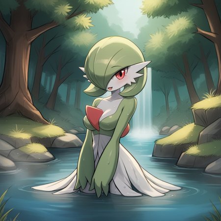 score_9, score_8_up, score_7_up, score_6_up, score_5_up, score_4_up, cartoon style,
 luminekoStyle,
cartoony style, 
1 girl, gardevoir, green_hair, green_skin, hair_over_one_eye, 
rating_explicit,
forest, river, bathing,