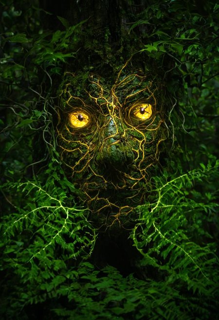 macro shot of a glowing forest spirit,leafy appendages outlined with veins of light,eyes a deep,enigmatic glow amidst the foliage.,