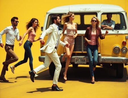 The image is a digital illustration of a group of people running towards a yellow van. The van is parked on a street with a yellow background. There are six people in the image, three men and three women, all of whom appear to be in mid-stride. The man in the center is wearing a white suit and has a beard, while the other three are wearing casual clothes. The woman on the left is wearing sunglasses and the man on the right is sitting in the driver's seat of the van. All of them are running towards the van with their arms and legs in motion. The overall mood of the image is playful and energetic.
<lora:Toy_Camera_Flux:0.8>, real,(realistic),photo realistic, photography,highly detailed,(masterpiece),(high quality),best quality,super detailed,full detail,4k,8k,realistic lighting,  norender, no anime
