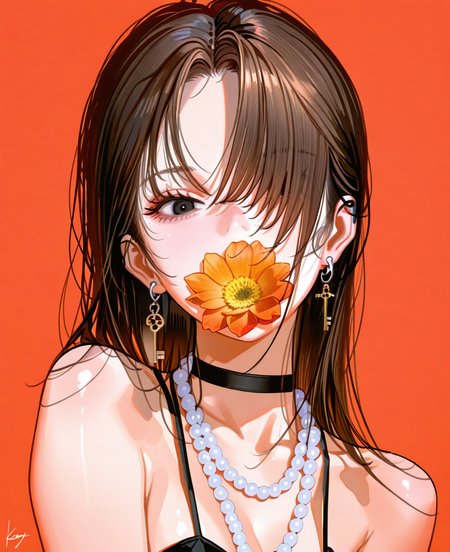 <lora:johnC:1>,
(masterpiece), (best quality), (ultra-detailed), amazing quality, very aesthetic, illustration, perfect composition, intricate details, absurdres, incredibly absurdres, shiny skin, realistic,
 john, 1girl, solo, flower, jewelry, choker, earrings, necklace, orange flower, portrait, black choker, black eyes, key, covered mouth, orange background, yellow flower, looking at viewer, signature, red flower, black hair, hair over one eye, simple background, brown hair, flower in mouth, red background, piercing, bare shoulders, bead necklace, long hair, pearl necklace, leaf, general