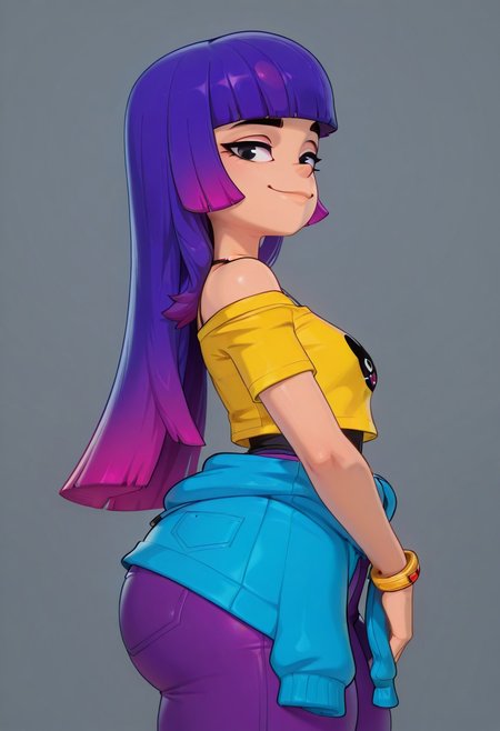 detailed, 3d, 1girl, solo
zzMiko, long hair, purple hair, blunt bangs, multicolored hair, black eyes, big butt, thick thighs
zzMiko, long hair, purple hair, blunt bangs, multicolored hair,   yellow shirt, short sleeves, t-shirt, print shirt, off shoulder, animal print, jewelry, purple pants, blue jacket around waist,
Standing, looking at viewer, smile
((Side view)), cowboy shot, gray background, masterpiece, best quality
