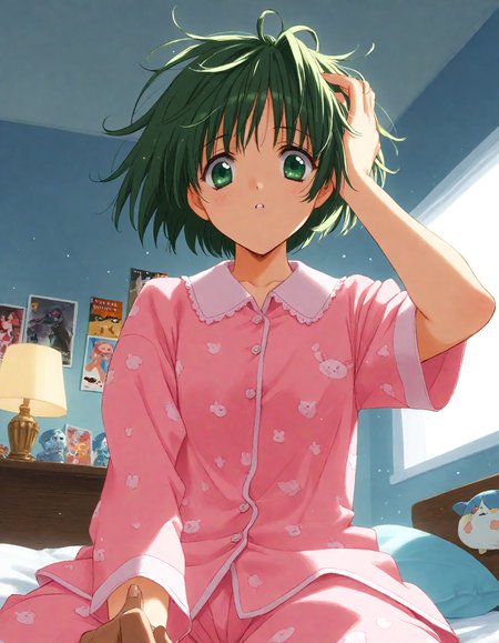 score_9, score_8_up, score_7_up, masterpiece, best quality, absurdres, official art, official style, (anime coloring, anime screencap, megami magazine, flat color:1.3), zPDXL2, zPDXLxxx,
<lora:Nanase_Aoi_Style_Pony_v1:1.0>, 1girl, solo focus, Nanase_Aoi_Style, (early_nanase:1.3)
bedroom, on bed, bed sheet, dim lighting, light particles, (from below:1.3), looking at viewer, dutch angle, 
, pov hands, parted lips, out of frame, :3, green eyes, tic-tac-toe, pink eyes, pov, pajamas, frown, indoors, green hair, sitting, bed, bob cut, holding finger, poster (object), hand on own head, messy hair, pink pajamas, short hair
