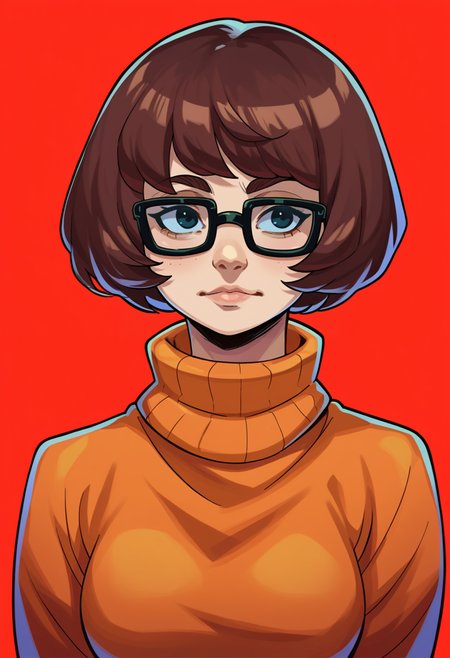 score_9, score_8_up, score_7_up, BREAK <lora:hades-guy-PONYv1:1>, shadow, portrait, red background, 1girl, solo, velma dace dinkley, turtleneck sweater, glasses, orange sweater,