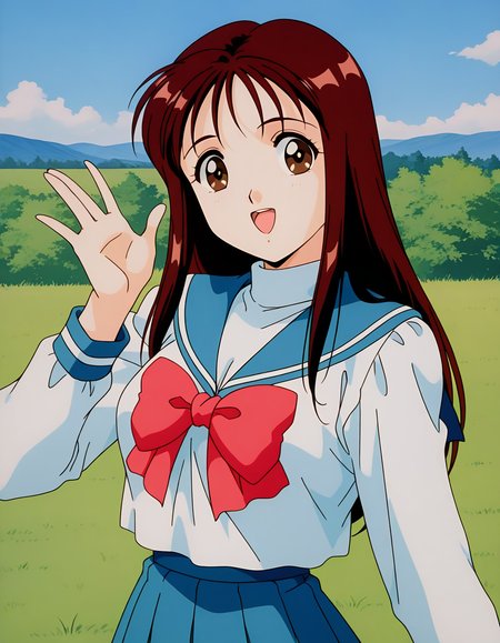 general,highres, ultra-detailed,very aesthetic,best quality ,best hands,  BREAK <lora:Arisa_Seijuden_IS:1> Arisa, 1girl, solo, long hair, bangs, brown hair, red hair, brown eyes, breasts, 1990s \(style\),anime coloring,
solo, school uniform, serafuku, sailor collar, long sleeves, skirt, open mouth, smile, blue sailor collar, bow, :d, blue skirt, 
winter uniform, red bow, pleated skirt, simple background, shirt, white shirt, bowtie, upper body, looking at viewer, turtleneck,
day,  sky, grass,