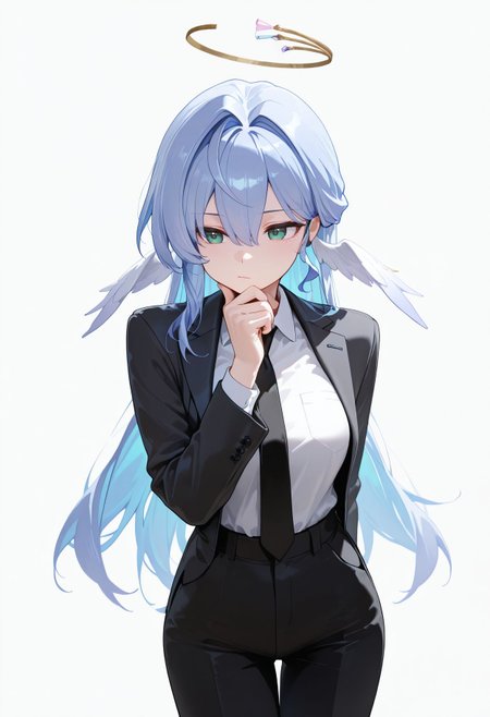masterpiece,best quality,amazing quality, absurdres, <lora:robin_honkai_star_rail_ilxl_goofy:0.8>robinHSR,green eyes,blue hair,hair intake,hair between eyes,  colored inner hair, halo, 1girl, black necktie, black pants, business suit, formal clothes, hair between eyes, hair intakes, hand on own chin, high-waist pants, necktie, pants, shirt tucked in, simple background, suit, white background