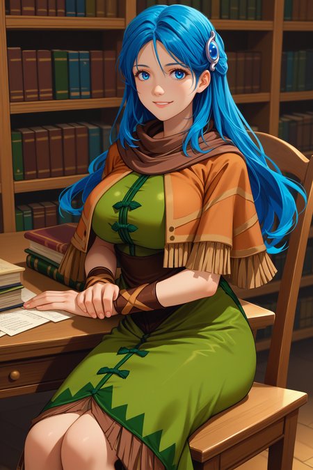 score_9, score_8_up, score_7_up, score_6_up, source_anime, 1girl, solo,  <lora:ystia-pdxl-nvwls-v1-000005:1> ystia, blue hair, long hair, blue eyes, hair ornament, brown capelet, brown scarf, green and brown dress, bracelet, breasts, boots, big breasts, sitting, chair, desk, indoors, bookshelf, looking at you, smile