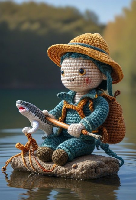 A fisherman catching a shark, lake, sitting, by saint exupery, crocheted style