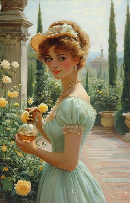 masterpiece,best quality,<lora:tbh362-sdxl:0.6>,illustration,style of  Vittorio Reggianini, A bottle of perfume in garden