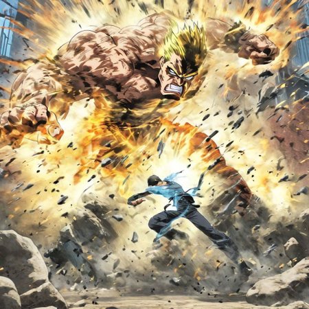 man fighting giant, guns, power attack, finishing move, action shot