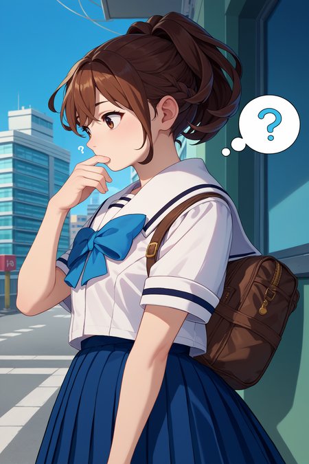score_9, score_8_up, score_7_up, score_6_up, source_anime, 1girl, solo,  <lora:rnakiho-pdxl-nvwls-v1-000005:1> rnAkiho, brown hair, ponytail, brown eyes, white shirt, short sleeves, white sailor collar, blue bow, pleated skirt, thinking, hand on own chin, thought bubble, question mark, city, blue sky