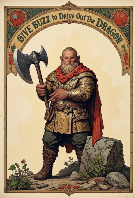 fantasy style illustration of a dwarf (dw@rf) By Phandigrams, holding a massive axe in a heroic stance looking at viewer. a banner at the top of the illustration in Medieval Text reads: "Give Buzz To Drive Out The Dragon!", medieval fantasy background, aidmatextimprover