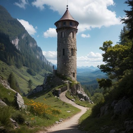 realistic analog photo, award winning photo, vary wide shot of magic stone witow tower on a Mountain peak, (Military watchtower), scenery,  fantasy, Mountain top, path, nature, outdoors, RAW, highres, 8k, uhd, High Dynamic Range, tonemapping, crisp details,