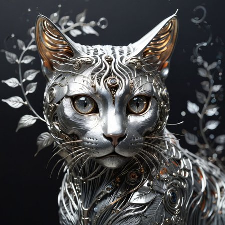 Hyperrealistic biomechanical cat, glowing eyes, reflective silver metal, intricate leaf and vine details, circular composition, sparkles swirling around the cat, dark bokeh background