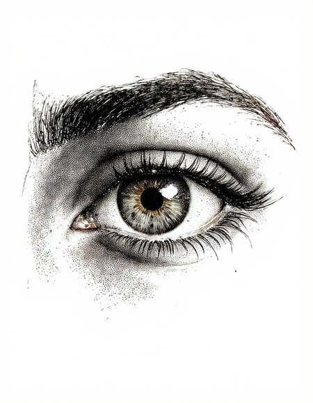 Art by Marina Richterova. A black and white halftone illustration of a human eye, drawn in a realistic style with a focus on the iris and eyelashes. the eye is centered in the image, with a simple white background that complements the intricate details of the black dots. the image is a close-up view of the eye, showing the individual's eyelashes and the inner part of the human eye. the eyelashes are long and curled, and the eyelid is slightly open, giving a sense of depth and dimension to the image. the overall effect is a detailed and realistic representation of a person's eye, with no visible signs of wear or tear.