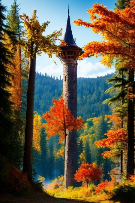 realistic analog photo, award winning photo, vary wide shot of stone witow tower:1.3, no humans, scenery, blue sky, auwo, in a autumn forest, dirt road, lush grassland, Wildflowers, nature, outdoors, RAW, highres, 8k, uhd, High Dynamic Range, tonemapping, crisp details,