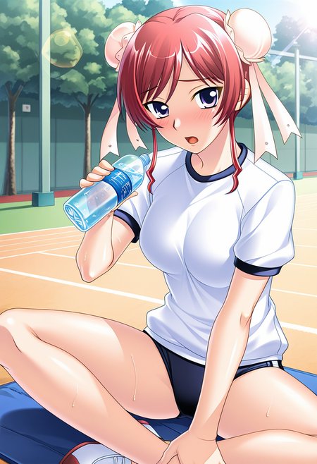 masterpiece, best quality, amazing quality, very aesthetic, absurdres, official art, ultra detailed,
1girl, solo, yan_t0nfa, red hair, purple eyes, bun cover, double bun, hair bun BREAK gym uniform, black buruma, blushing, open mouth, indian style, Hydrating, drink water, arm at side, looking at viewer, outdoor, track, school, lens flare, sharp focus, depth of field, highly detailed <lora:yan tonfa v1.0-000015:1>