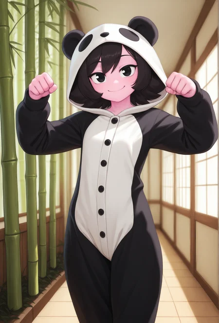 masterpiece,best quality,amazing quality, <lora:marigold_cabronpr_noob_v1.1f:0.75> marigold, 1girl, solo, hairbow, no nose, black eyes, looking at viewer, smile BREAK
panda costume, panda hood, depth of field, detailed background, bamboo forest, hallway, dynamic pose, <lora:personalami_style_illustrious_v1f:1> pamistyle