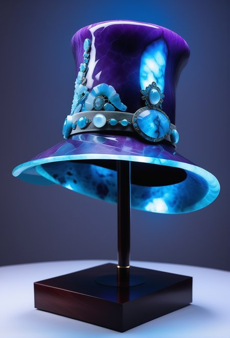 a Haute Couture hat on a hat stand made out of reij-prplmnjd <lora:purplemoonjade-000004:1> and detailed with made out of reij-lmlrmr <lora:lumilarimar-000003:1>, Tattoo ink of a masterpiece, landscape of a Verdant Fields of the Harvest Festival, digital manipulation, flowing, highly decorated, intense, ambient atmosphere, stunning