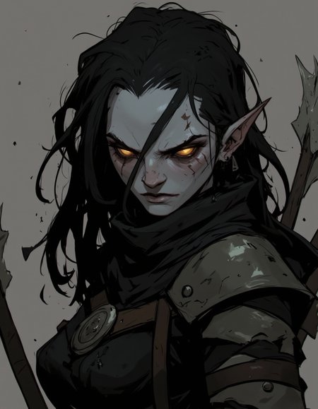 Ev Ganin style. This is a digital drawing in a detailed, dark fantasy art style, showcasing a fierce, elven warrior. The character is depicted from the shoulders up, with a strong emphasis on her menacing expression and detailed features. She has piercing, glowing yellow eyes that contrast sharply with her pale, gaunt face, giving her a menacing appearance. <lora:Ev_Ganin:1.0>