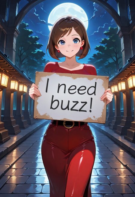 score_9, score_8_up, score_7_up, masterpiece, best quality, amazing quality, extremely detailed, absurdres, adult, 1girl, Helen Parr, solo, night, moonlight, standing on dark temple in hell, holding sign, "need buzz!" is written on the sign, need_buzz, smile, looking at viewer, eye contact, highly detailed, soft colors.