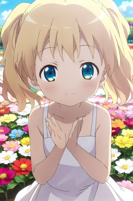 alice_cartelet, 1girl, solo,petite, blonde hair, small breasts,close up,standing,looking at viewer,flowerhands,white dress, Make flower shape with both hands, open palms,incoming,upperbody,smile,cloud,flower park,wind <lora:better skin typeB-v1:0.7> <lora:XDetail_light:1>masterpiece,best quality,source anime
 <lora:negativeXL_D:1> <lora:_sdxl-flowerhands:0.7> <lora:alice_cartelet-animagine-v1:0.7>