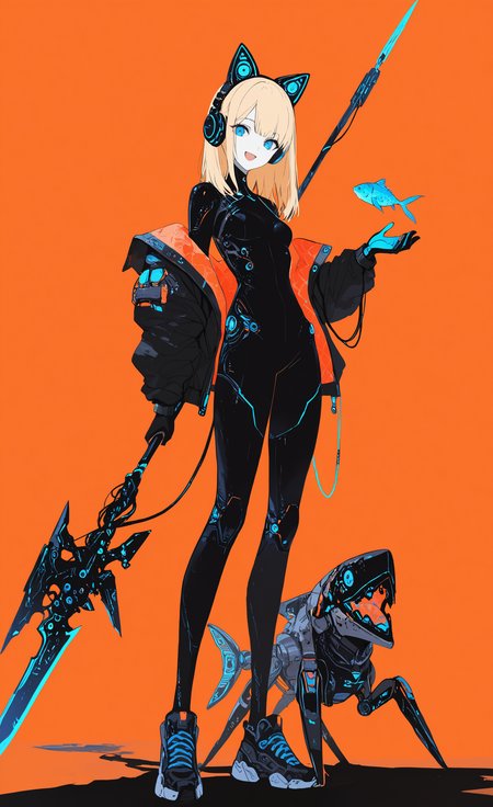 masterpiece, best quality, good quality, very awa, newest, highres, absurdres, 1girl, solo, long hair, breasts, looking at viewer, smile, open mouth, blue eyes, blonde hair, gloves, holding, animal ears, standing, jacket, full body, weapon, :d, small breasts, shoes, medium hair, holding weapon, fake animal ears, bodysuit, shadow, headphones, robot, polearm, science fiction, fish, orange background, black bodysuit, cable, holding polearm, animal ear headphones, non-humanoid robot, mechanical ears, robot animal, limited palette, <lora:illustriousXL_stabilizer_v1.23:0.3> <lora:NOOB_vp1_detailer_by_volnovik_v1:0.3> <lora:ponyv6_noobE11_2_adamW-000017:0.3> <lora:114558v4df2fsdf5:0.6> <lora:XXX667:0.4> <lora:mon_monmon2133:0.5>