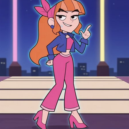 1girl, 2d artwork,masterpiece, ((anime style:1.3, anime eyes, detailed eyes))looking at viewers, cowboy shot, smiling,cute,((detailed city background,  night city:1.6,neon lights)) wide hips, <lora:teodoraponyv2:0.8>  teodora, score_9, score_8_up, score_8, source_anime, teodorapony, 1girl, solo, jewelry, earrings, long hair, orange hair, black eyes, bandana, bangs,  ponytail, high heels,  blunt bangs,jacket, midriff, baggy sweatpants, choker, high heels,(depth of field:1.5),looking at viewers, smug, smiles, perfect eyes