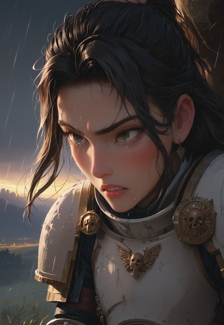 1girl, solo, 24 year old woman, large build, kneeling:1.4, beautiful, long hair, brunette, freckles:1.4, face uplifted:1.6, looking up, looking at the sky, earrings, upset:1.5, crying:1.5, teeth clenched:1.4, grimacing with emotional pain:1.3, wide hips, knight armor:1.5, heavy armor, gauntlets, greaves, eyes squeezed shut:1.6, leaning (back):1.3, arms at her sides, rain falling on her face:1.5, sorrow, tan skin, on knees, tears on chin, tears on cheeks,

dusk, after battle, muddy field, some grass, fallen soldiers around her:1.4, storming, dark gray sky, dark sky:1.4, streaming banners, battlefield, intense rain:1.3, dreary, raining, overcast, mountains and hills in the background,

score_9, score_8_up, score_8, masterpiece, best quality, official art, extremely detailed, CG unity 8k wallpaper, absurdres, high definition, photorealism:1.5, detailed shading, high contrast, ambient occlusion, vivid colors:1.5, saturated colors:1.6, 

downward angle:1.3, cowboy shot:1.3, cinematic, from above:1.3,

expressiveh, whites40k, tears, 