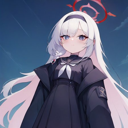 score_9, score_8_up, score_7_up, source_anime, anime screencap, masterpiece, expressive eyes, perfect face, night time, {plana, blue archive plana, halo, white hair, long hair, black sailor shirt, black skirt}, small breasts, from below