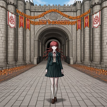 masterpiece, best quality, absurdres, <lora:Danganronpa_Locations:1>,  danganronpa sprite style, danganronpa_sprite_style , <lora:Ryoko_Otonashi:0.2>, danganronpa/zero, danganronpa_(series), otonashi_ryouko, 1girl, breasts, red_eyes,red_hair, grey_jacket grey_skirt, dress_shirt, white_shirt, jacket, kneehighs, loafers, long_hair, long_sleeves, neck_ribbon, open_clothes, open_jacket, pleated_skirt, red_ribbon, ribbon,school_uniform, shirt, shoes, skirt, socks, solo,white_socks , castle,tunnel,brick_wall,brick_floor,banners,pink_banners,white_banners,grey_stone,pillars,flagstone_floor,archway,gate,castle_gate,tower,castle_tower,cobblestone_street,cartoon_style,castle_decorations,pink_decorations,orange_decorations,festive_decorations,banner_decorations,large_gate,medieval_architecture,stone_architecture,danganronpa,danganronpa_(series),danganronpa_2:_goodbye_despair,danganronpa 2,danganronpa sprite style,danganronpa_sprite_style