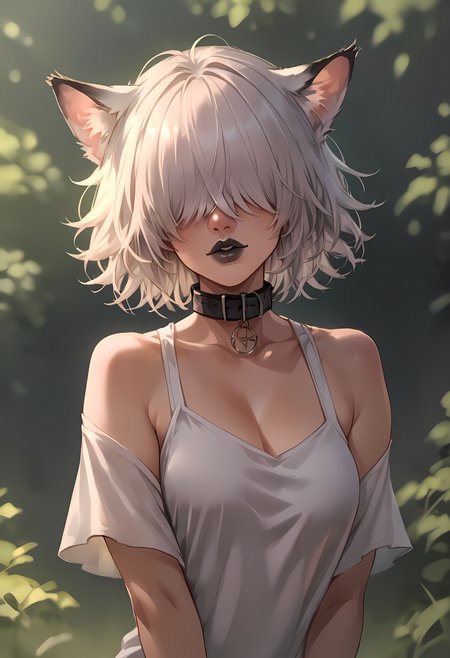 zPDXL, hi res
BREAK 1girl, catgirl, white hair, messy hair, hair covering eyes, hair over eyes, black lipstick, outside, sunlight, playing, joy, collar, 
<lora:scoreSlider_ponyXL_v10:1> <lora:polki_ponyXL_v10:0.8>