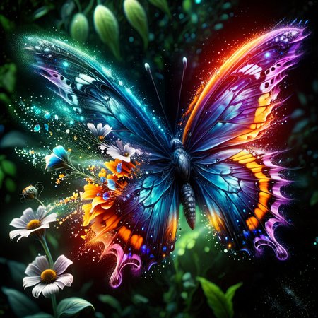 glass butterfly, on neon flower in enchanted forest, ultra detailed, realistic,  <lora:ral-dissolve:1.4> , ral-dissolve, vivid colors, volumetric lighting,