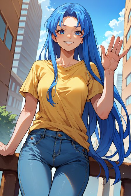 score_9, score_8_up, score_7_up, score_6_up, source_anime, 1girl, solo,  <lora:ysfeena-pdxl-nvwls-v1-000004:1> ysFeena, blue hair, very long hair, blue eyes, breasts, yellow t-shirt, jeans, looking at you, smile, waving, medium breasts, city, blue sky