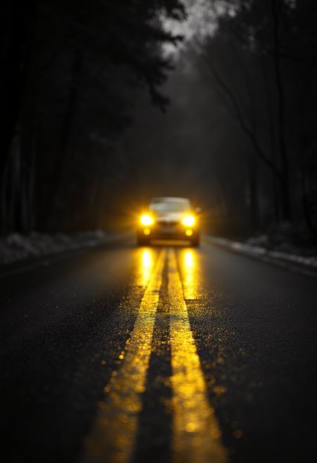 Black and White road scene with two yellow car headlights in the distance, Vibrant Glow