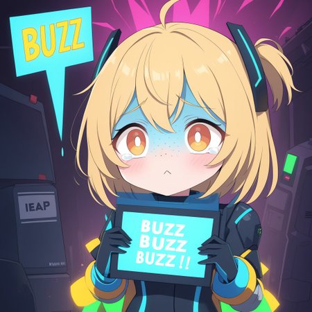 1robot, female, with holographic skin, freckles, blonde hair, pleading, big eyes, pupils dilated, tears, :<, holding a sign that says 'buzz?'
BREAK
Electric neon hellscape, detailed kandinsky style masterpiece