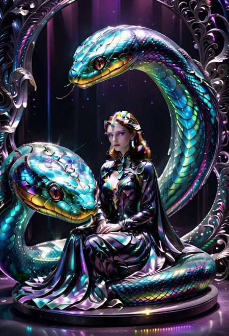 masterpiece, absurdres, best quality, amazing quality, ultra-detailed, newest, extremely detailed, very aesthetic, 
futuristic fantasy, vibrant color overload, 
rating_safe, 
murano_glass_style, 
BREAK, 
A woman adorned in a midnight black gown, seated in a futuristic room with holographic displays. She is accompanied by a large, iridescent, serpentine creature with intricate scales and jewel-like adornments. The room is illuminated by neon lights, casting a vibrant glow, and there are metallic walls in the background. The woman's expression is calm and contemplative, and the creature seems to be gently resting against her