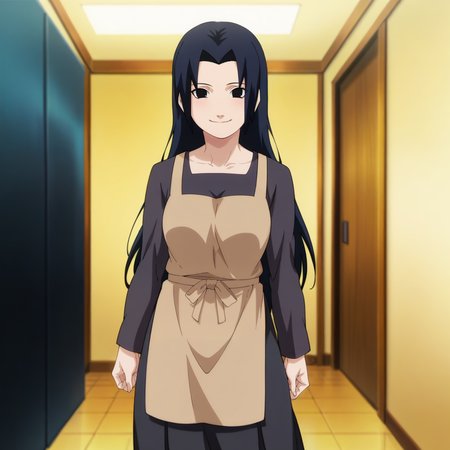 looking at viewer, standing, smile,solo,
, <lora:uchiha_mikoto_IL:0.9> uchiha_mikoto_il, parted bangs, bangs, long hair, black hair, black eyes, medium breasts,
shirt, black shirt, long sleeves, brown apron, skirt, black skirt, long skirt,
anime screencap, masterpiece, best quality
