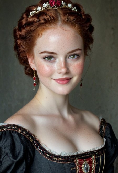 beautiful lady, wearing 1700’s royal dress, (sprinkle of freckles), big Genuine smile, ruby eyes, large braid hair, dark makeup, hyper-detailed photography, soft light, head and shoulders portrait, cover photo