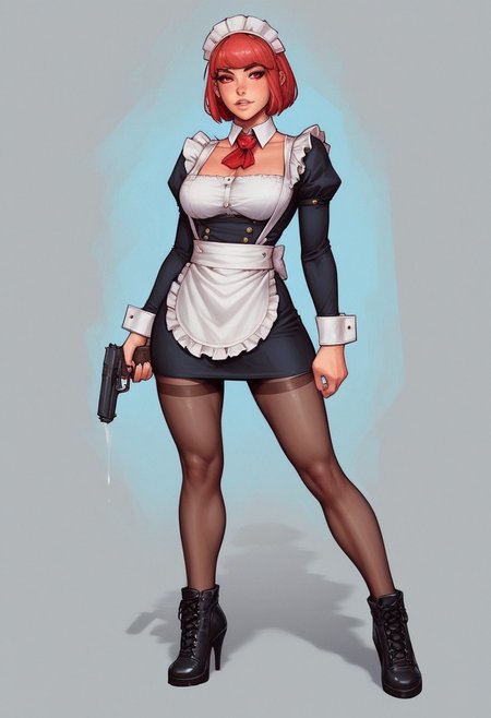 RosieTJ, 1girl, robot girl, metal body, red eyes, red buttons, wheels, white maid cap, white collar, white cuffs, white hip apron, black skirt, female
((full-clothed)), ((long big pistol in hands, handgun in hands))
BREAK 
strange world background score_9, score_8_up, score_7_up, score_6_up, source_cartoon, rating_explicit, Expressiveh, (((((full body))))), dynamic pose