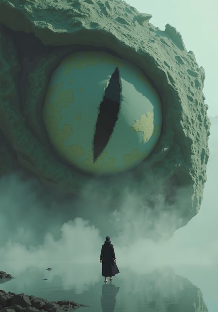 g00se art with smooth textureless style with muted pastel palette of, a striking and surreal scene that combines elements of both the natural world and fantasy. Dominating the composition is a massive, reptilian eye, filling almost the entire frame. The eye is highly detailed, with a slit-like pupil that suggests it belongs to a large, powerful creature, perhaps a dragon or another mythical being. The texture around the eye is rugged and scaly, giving the impression of ancient, weathered skin. In the lower portion of the image, a solitary human figure stands before the eye, dressed in a flowing black robe. The figure is tiny in comparison to the colossal eye, emphasizing the vast difference in scale and power between the two. The person stands on a surface that appears to be water or mist, which reflects the eerie, otherworldly light that surrounds the scene. The atmosphere is misty and dreamlike, adding to the sense of mystery and awe. Overall, the image is both dramatic and thought-provoking, blending cultural elements with a fantastical imagination to create a visually captivating scene.<lora:g00se.safetensors:1.1:1.1>