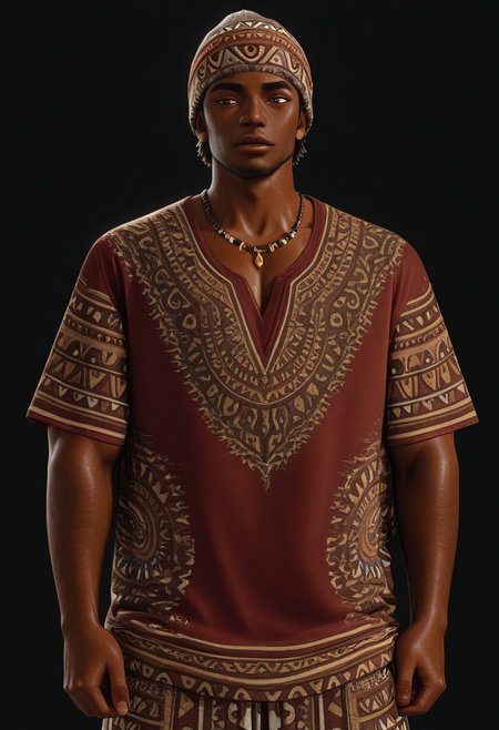 [正面+キャラ名:99],
1boy,solo,
[品質タグ:99],
masterpiece,perfect quality,best quality,amazing quality,absolutely eye-catching,
[身体特徴:99],
muscle,(darkskin:0.6),
short hair,
handsome,
[服装:99],
beanie,
necklace,
ethn1c_5h1rt,
red shirt,
Short-sleeved shirt,
ethnic design, black background, intricate patterns, gold/tan accents,  (detailed paisley and tribal patterns:1.3), vertical stripes, v-neck, 
geometric motifs,  tribal art style,  boho fashion,
[﷿ーズと解剖学的詳細:99],
[環境・背景:99],
dynamic lighting,cinematic lighting, professional lighting, 
[追加の品質/スタイルタグ:99],