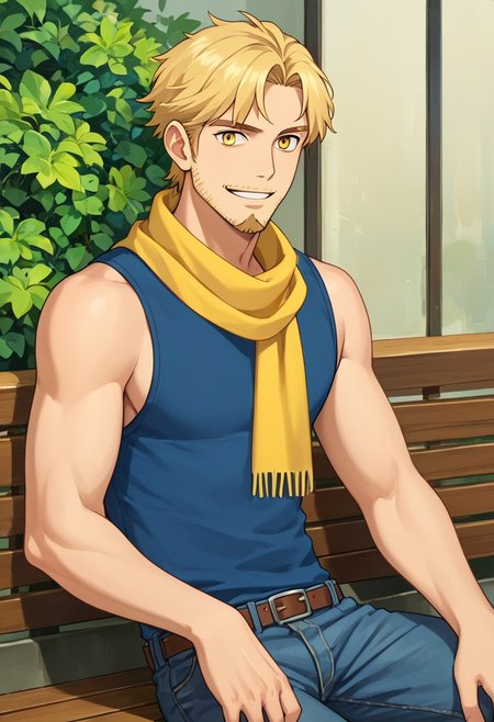 (masterpiece), best quality, an 18-year-old slim boy with long blonde mullet hair, a blonde goatee beard and yellow eyes, he wears a blue tank top, jean pants and a yellow scarf around the neck, smiling, score_9, score_8_up, score_7_up, source_anime, score_9, score_8_up, score_7_up, gh1bl1
