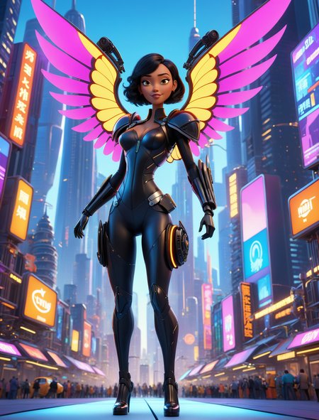 (dynamic pose:1.8), 
A 3D cartoon-style image of a woman with mechanical wings, set in a futuristic city. The wings are stylized with glowing elements and metallic textures. She wears a sleek black outfit with bright accents and holds a sci-fi weapon. The background features stylized skyscrapers, neon signs, and a lively cityscape. Rendered in a Pixar-like style, with vibrant colors, smooth textures, and expressive facial features. The scene is bright and colorful, with a cheerful atmosphere.