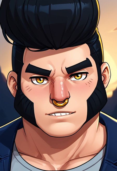 BullBrawlstars, Black hair, Muscular, Male, golden nose ring, Muscular, side burns, busy Eyebrows, portrait, black iris,