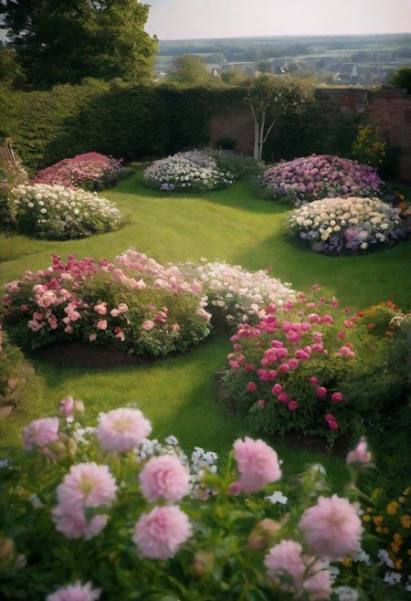 wide-angle shot of An evocative scene set in a 1950s backyard, looking down on 3 grave mounds covered in flowers filled with pastel hues that transport us to a bygone era. In this charming vintage backyard, standing above 3 mounds of flowers, <Focus on: 3 mounds of flowers:1.2>, standing above 3 rmounds of flowers