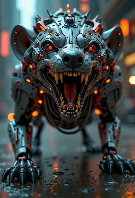 in the style of ck-ncr, a dangerous hyena with its mouth wide open and its sharp teeth visible. His half face contains black ceramic parts. The hyena is a plastic cyborg, the mechanical parts of the robot are visible inside, the cyborg is very sinister and dangerous. Cyborg parts are dark gray and red. Some parts of his body also glow orange. He is in a cyberpunk night city, crawling the streets.  The cyborg hyena tries to avoid the gun bullets by jumping, as in the matrix film, the gun bullets appear in front of him in slow motion. 