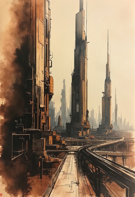 A bold inkplash-meets-watercolor wash artwork, expertly painted on rice paper using rich sepia, burnt henna, and ink-black hues.  an advanced sci-fi cityscape, with gleaming towers and skyscrapers, clear sky