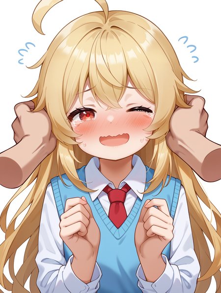 1girl, 
tears, brown hair, wavy mouth, red eyes, one eye closed, sweater vest, collared shirt, dress shirt, blue sweater vest, long hair, =_=, white shirt, blush, :d, smile, looking at viewer, cropped torso, hair between eyes, closed mouth, upper body, shirt, ;3, closed eyes, @_@, ahoge, open mouth, necktie, solo focus, long sleeves, red necktie, hands up, disembodied limb, flying sweatdrop, :i, nose blush, multiple views,
she has a sad expression on her face and is holding her head in her hands, as if she is upset or frustrated. the background is white and there are several smaller illustrations around her, including one of a boy with blonde hair and another of a girl with brown eyes. the text above the image reads "ãã¤ãã¾ã" which translates to "i love you" in english.
score_9, score_8_up, score_7_up, source_anime
 <lora:style016:0.8>