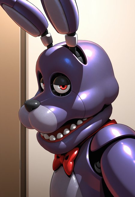 masterpiece,best quality,amazing quality, 1boy, solo, b0nn13, robot bunny boy, purple skin, red bowtie, close up, side angle, graident background, constrasting background, looking at viewer,